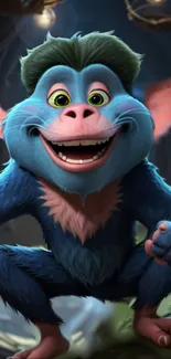 Smiling blue furry cartoon creature with big eyes and pink ears on mobile wallpaper.