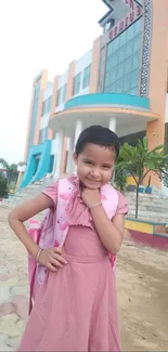 Cheerful young girl in a pink dress by a modern building.