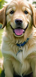 Golden Retriever dog smiling on a grassy field with a collar.