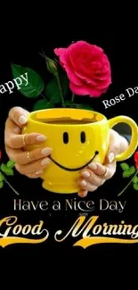 Cheerful yellow mug with roses and 'Good Morning' text on black background.