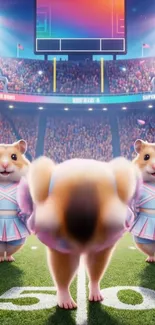 Cheerful cartoon hamsters in cheerleader outfits at a stadium.