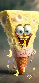 Cheerful ice cream cone character on a playful wallpaper.