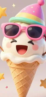 Cartoon ice cream cone wearing glasses and party hat.