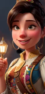 Smiling girl holding a lantern in digital art.