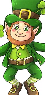 Cheerful leprechaun with a shamrock on a transparent background.