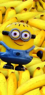 Minion amidst yellow bananas holding one.