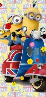 Minions riding a UK-themed scooter with a cheerful background.