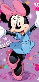 Colorful wallpaper featuring Minnie Mouse in a playful pose with hearts and stars.