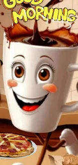Animated coffee cup character wishing good morning with a smile.