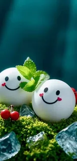 Smiley balls on green moss amidst ice cubes and berries.