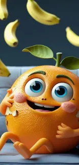 Cheerful cartoon orange with bananas.