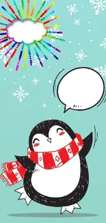 Adorable penguin with red scarf in a snowy, festive setting with fireworks.