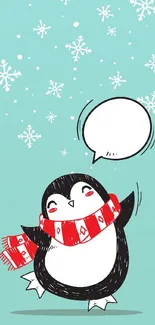 Cute cartoon penguin with red scarf and falling snowflakes.