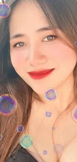 Smiling woman with bubbles in vibrant mobile wallpaper.