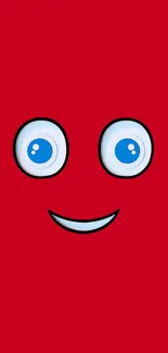 Bright red background with a smiling cartoon face.