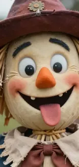 Cheerful scarecrow with a big smile in vibrant colors.