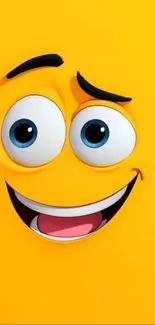 Smiling yellow emoji face with expressive eyes on a bright background.
