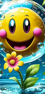 Cheerful smiley bubble with flowers and water.