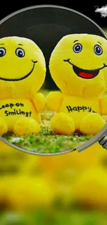 Cheerful smiley plush toys magnified in vibrant yellow theme.