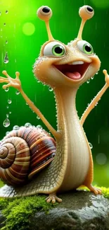Joyful cartoon snail in vibrant rainforest with raindrops.