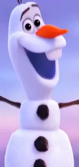 Cheerful animated snowman against a vibrant sunset sky.