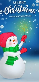 Snowman with sparkler in Christmas scene.