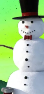 Cheerful snowman with top hat on vibrant green background.