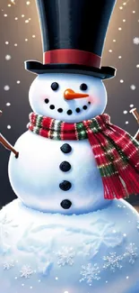 Festive snowman with top hat and scarf on a winter-themed mobile wallpaper.