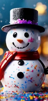 Festive snowman with red scarf and black hat on a winter background.