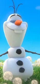 Cheerful snowman in a sunny, green field with a bright blue sky background.