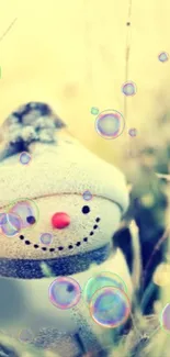 Cute snowman with bubbles in a soft, dreamy background.