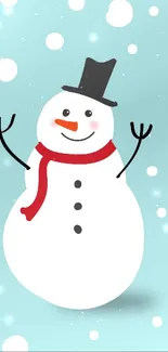 Cheerful snowman with hat and scarf on snowy light blue background.