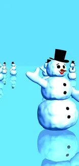 Snowman mobile wallpaper with sky blue background and cheerful snowmen.