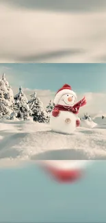 Cheerful snowman in a snowy winter wonderland with trees and blue sky.