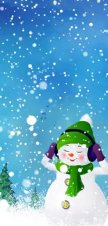 Cheerful snowman with green scarf on a snowy blue background.