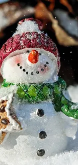 Cheerful snowman with red hat and green scarf in snowy backdrop.