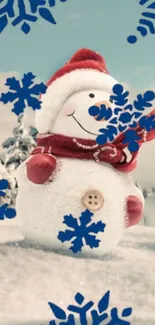 Cheerful snowman with blue snowflakes, winter scene.