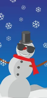 Cheerful snowman with sunglasses in a snowy winter scene.