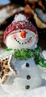 Festive snowman with green scarf and red hat, holding a cookie.