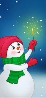 Cute snowman with sparkler on winter blue background.