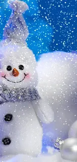 Cheerful snowman in winter scene with snow and festive decorations.