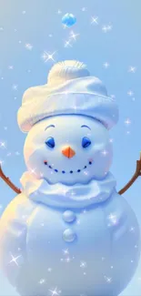 Cheerful snowman with sparkling stars on a light blue winter background.