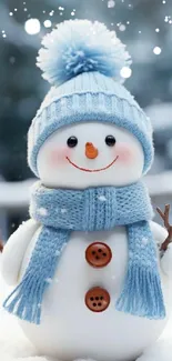 Cheerful snowman with blue hat in snowy background