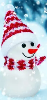 Cheery snowman with red hat in snowy background.