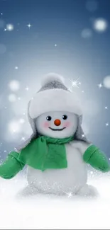 A cheerful snowman with a green scarf and snowy background under a blue sky.