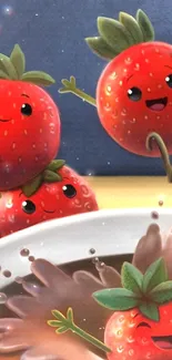 Animated strawberries in chocolate splash artwork.