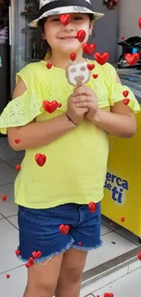 Girl enjoying ice cream with red hearts background.