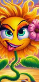 Playful sunflower art with smiling face and vibrant colors.