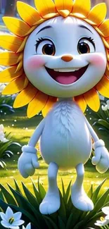 Vibrant cartoon sunflower character in a cheerful garden.