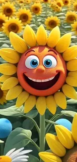 Smiling cartoon sunflower in vibrant field